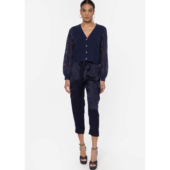 CAMI NYC Beth Merino Wool Lace Sleeve Cardigan Navy Blue {WW53} - Picture 3 of 4